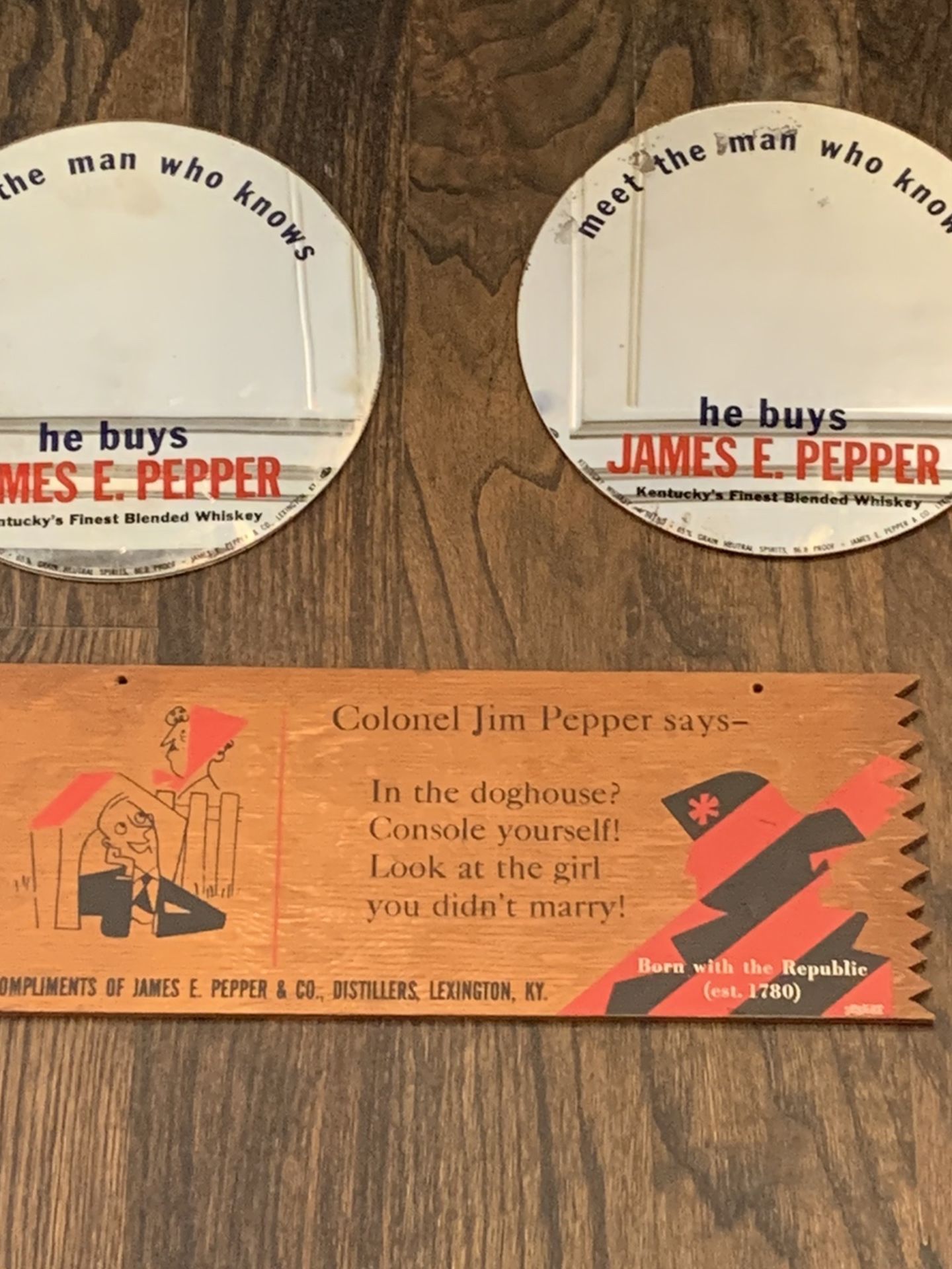 3 Vintage rare James E Pepper whiskey mirrors and wood sign