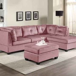New Pink Sectional And Ottoman