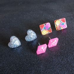 Colorful fruit, silver holographic heart, and pink faux opal studs earrings set new 