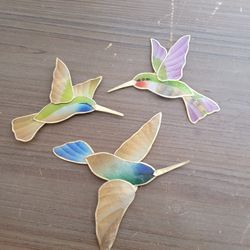 Vtg Lot Of 3 Capiz Shell Painted Hummingbird Bird Magnet Sun Catchers