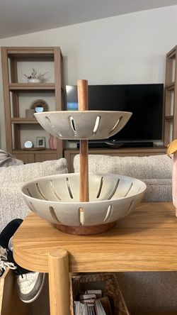 Two-Tier Ceramic and Wood Fruit Basket