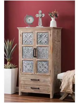 Brown and Gray Wood and Metal Wardrobe Storage Accent Cabinet