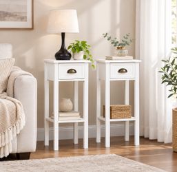 Set Of 2, 2-Tier Side Table with Drawer, Narrow End Table with Bottom Shelf, for Living Room, Set of 1, White