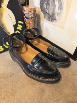 Dr. Martens Black Leather Penny Loafers with Ankle Strap - LEIGH - Women's 8/ Men's 7