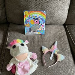 Unicorn puppet, headband and board book toy bundle