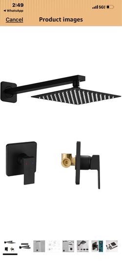 Matte Black Shower Faucet Set, Single Function Shower Trim Kit with Rough-in Valve, Square Rain Shower Head System Included Extra Long Shower Arm for 