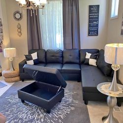 Black Leather Sectional Couch And Ottoman