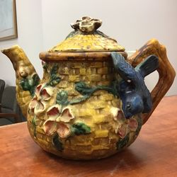 Vintage Majolica Style Handmade Bird Floral Teapot 
