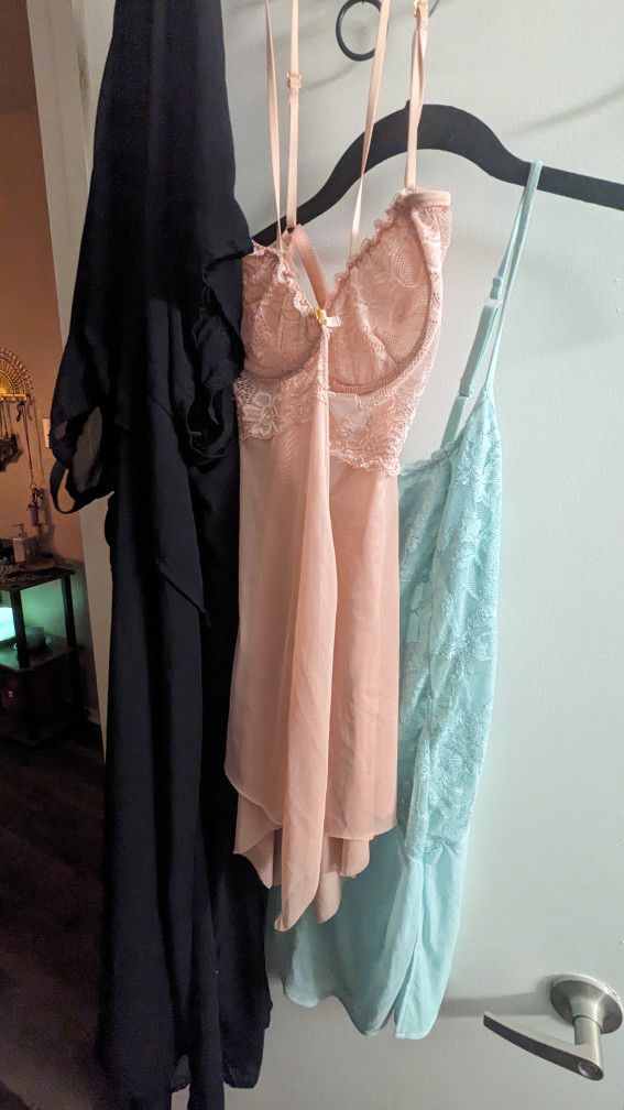 Blue Victoria Secret Night Gown and Pink Lingerie Lace Chemise Ruffle Nightgown Sleepwear including long black night cover