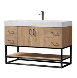 Vinnova Alistair 60" Single Sink Bathroom Vanity in North American Oak with White Grain Stone Top and Matte Black Frame (Small Damage)