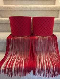 Red Fabric Lamp Shades with Fringe – Set of 2
