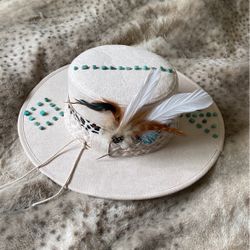 Feather and turquoise stone flat brim hat
