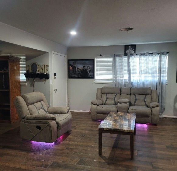 Gorgeous 2 Tone Rocking Couch And Recliner Set With Power Strip And LED'S