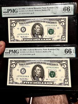 1995 $5 Federal Reserve Notes – Consecutive PMG 66 EPQ Pair