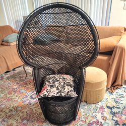Vintage black boho-style peacock chair made from natural woven wicker and rattan H 53" Kendall area