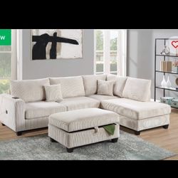 Ivory Corduroy  3-pc Sectional Sofa  W/ Storage  Ottoman 