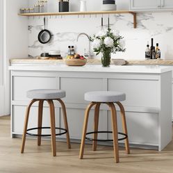 Bar Stools Set of 2, 24" Counter Height Backless Bar Stools, Fabric Upholstered Seat, Sturdy Curved Wood Legs, Mid-Century Modern Island Stools for Ki