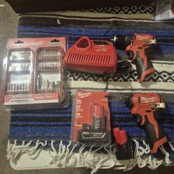 Milwaukee M12 Lithium-ion Subcompact Brushless 3/8 Drill Driver, 1/4 Impact Driver 1.5 Ah And 3.0 Ah Batteries ,charger + 40pc Bit Set All New 