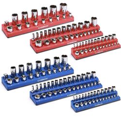 CASOMAN Magnetic Socket Organizer, 6 Piece Socket Holder Kit, 1/2-inch, 3/8-inch, 1/4-inch Drive, Holds 143 SAE&Metric Sockets, Red & Blue, Profession