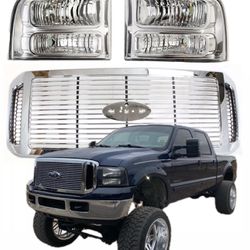 New Clear Headlights and Harley Chrome Grille for Ford F250 F350 For 2005 to 2007 and 2005 Excursion