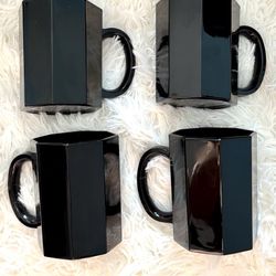 Black Glass Coffee Mugs/Cups-Arcoroc France Octime 8 sided octagon-Set of 4. Vintage 1980’s. NEW-Unused! 