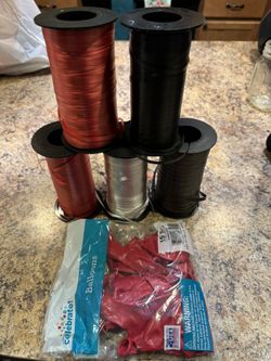 15 Red Balloons & 6 Rolls Of String - Red, Black & White $3 For All - Birthday / Party Supplies