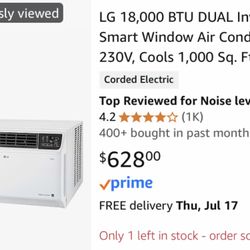 LG XL Room Window/Wall AC Unit 18000 BTU 230/208 V LW1822ERSM NEW!