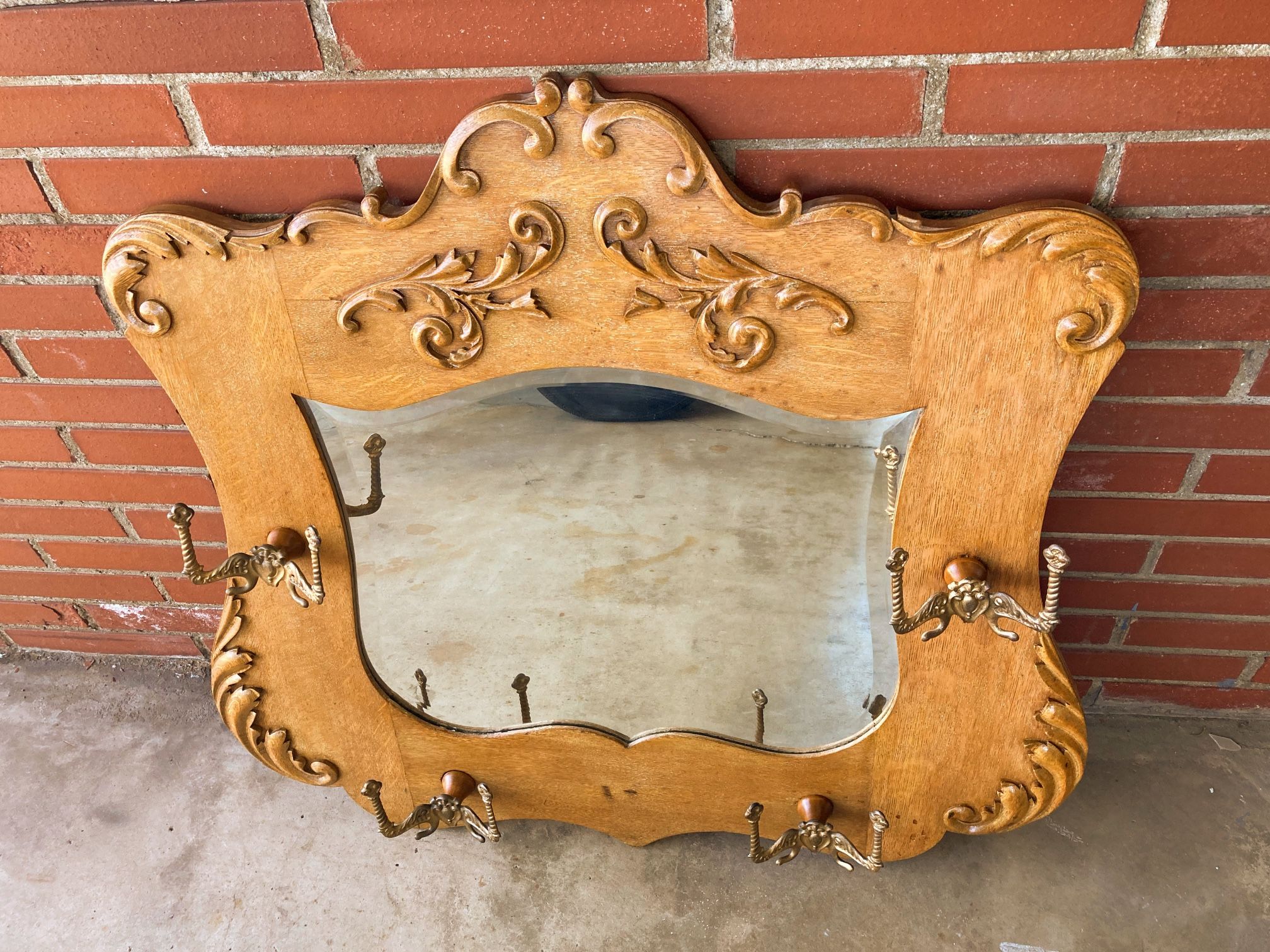Large Antique Oak Beveled Mirror With Hat/Coat Brass Hooks