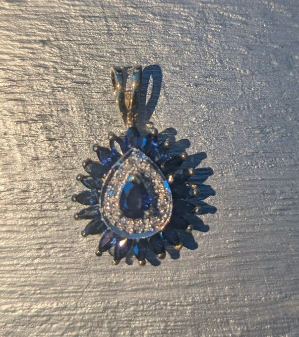 Diamond And Blue Sapphire , Set In 14 Karat Gold ,1 Carat In Diamonds 20 Marquee Blue Sapphire & One Teardrop Blue Sapphire 
