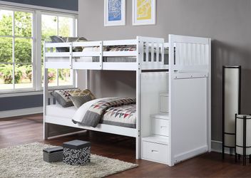 Twin / Twin Bunk Bed Reversible Staircase with Drawers White Finish  / Mattress Included.      🔥   Litera Twin - Twin  Color Blanca  Con Colchones 
