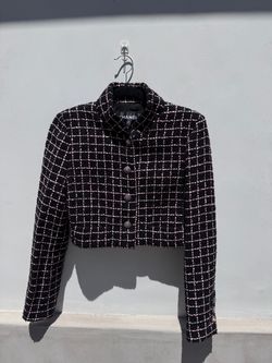 CHANEL Black Pink Check Cropped Jacket Button Front Silk Lined Women 36