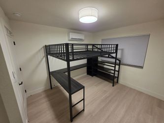 Loft queen bed frame + underside desk w/outlet combo