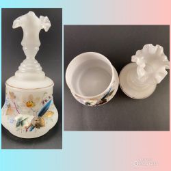 Antique Bristol Glass Frosted White Ruffled Top Hand-Painted Powder Box or Trinket Holder