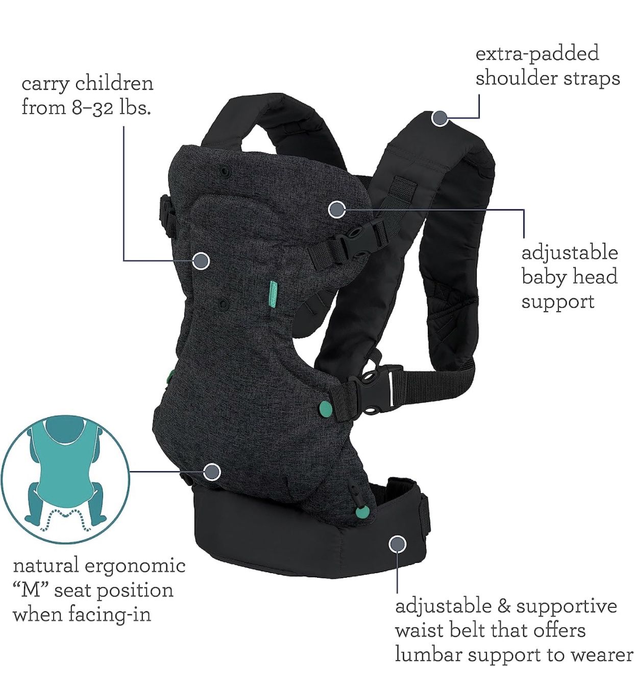 Infantino Flip 4-in-1 Convertible Baby Carrier, 4-Position, 8-32lb, Black 