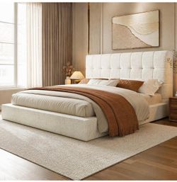 NEW Queen Upholstered Platform Bed Frame – Beige | Modern Cloud Bed | No Box Spring