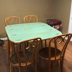 Vintage Enamel Dining Table w/ Drop Down Leaves and Wooden Chairs