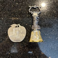 2 Singapore Medal Souvenirs Golden & Silver Merlion Bell & Fridge Magnet 