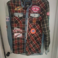Heritage America Size L Distressed Denim Flannel Jacket Gas & Oil Racing Patches
