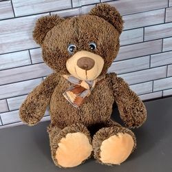 NANCO Brown cuddly Bear fluffy fur silver shimmery eyes plaid winter scarf