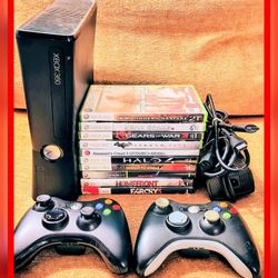 Microsoft Xbox 360 With 10 Games And 2 Wireless Controllers With Power Supply And HDMI cord