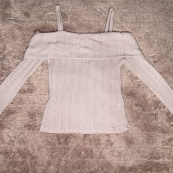 Off-Shoulder Ribbed Knit Top – Size S – Light Pink/Blush