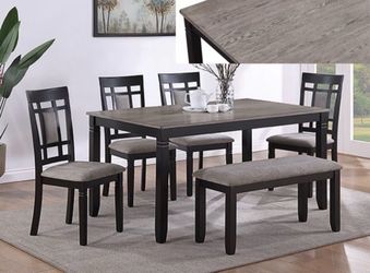 NEW Wood Grey Dining Table + 4 Chairs Chair plus Bench Set