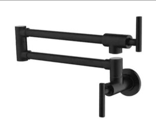FLG Commercial Wall Mounted Pot Filler Double-Handle Kitchen Faucet Folding Brass Swing Arm Modern Taps in Matte Black