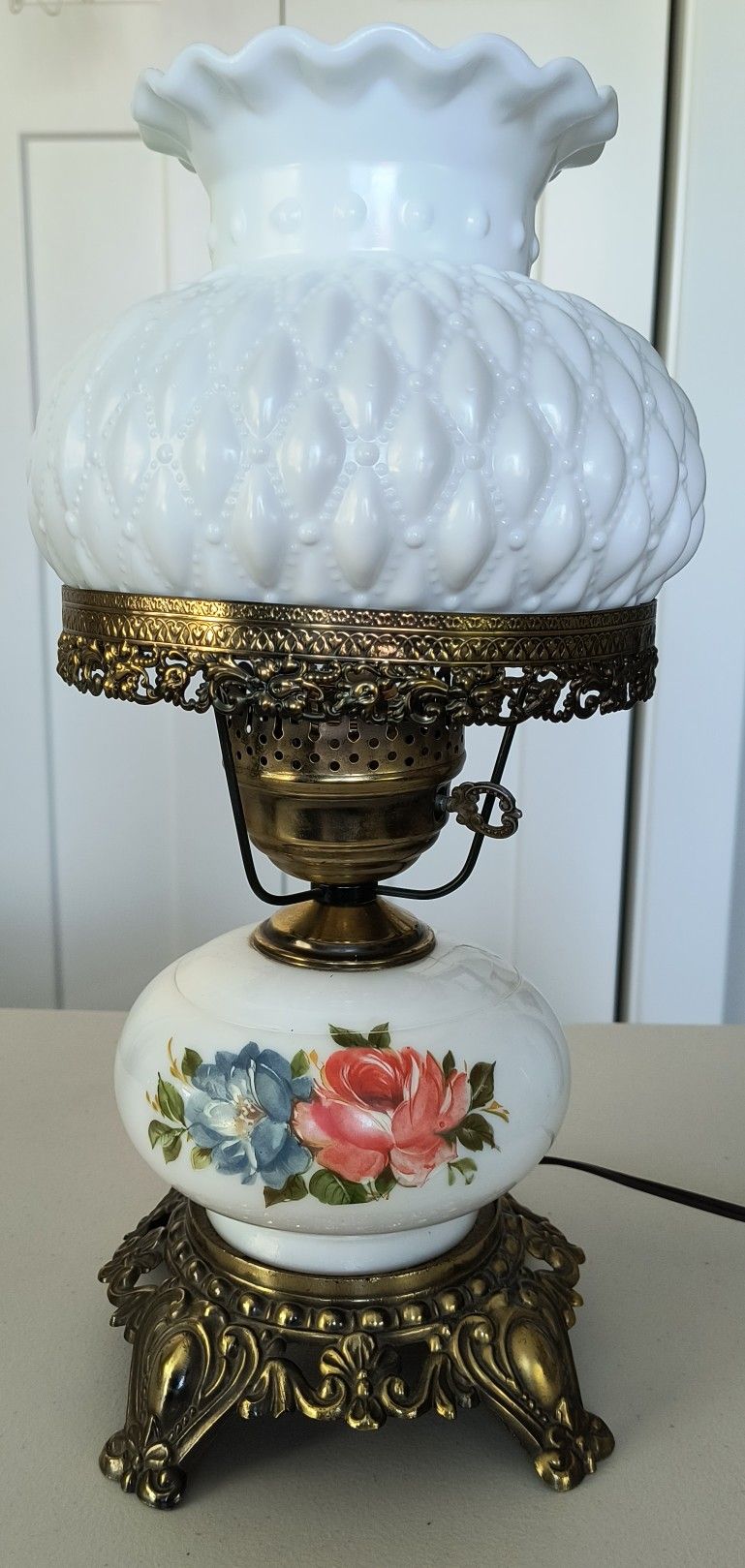 Antique Hobnail Milk Glass Hurricane Lamp w/ Brass & Floral Decal