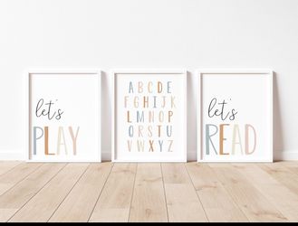 Playroom Wall Art Set (3) – 32” x 22” White Framed Prints