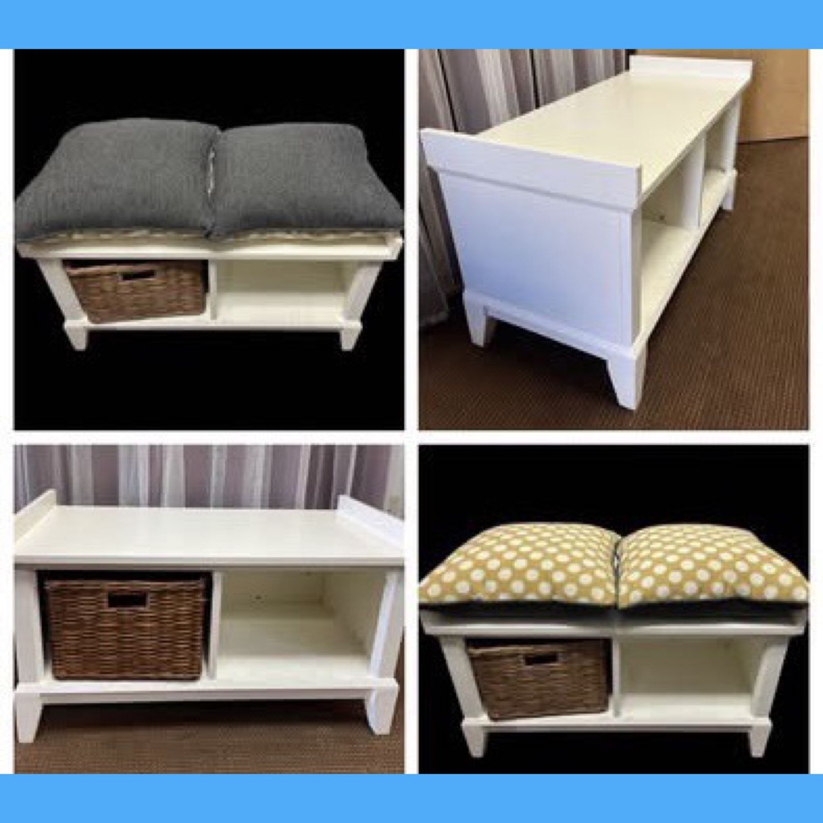 Crate and Barrel Entryway Bench w Cube Storage. Scuffs from basket sliding. 2 pillows replace original cushion.