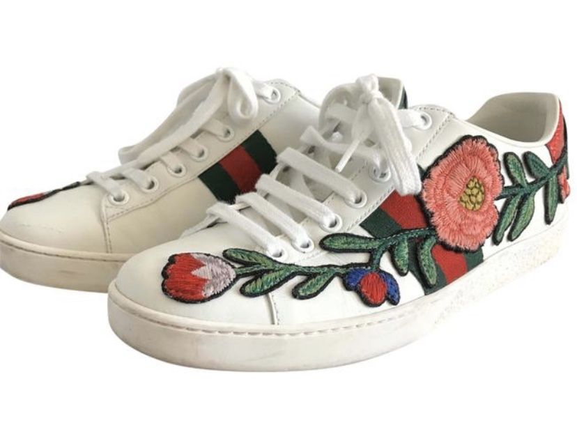 Authentic White Gucci Embroidered Floral Sneakers