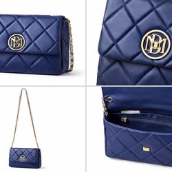 Navy Quilted Crossbody Bag Gold Chain Chic Designer Style /Bolso Azul Acolchado Crossbody Cadena Dorada Estilo Elegante