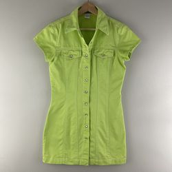 XHILARATION Vintage Y2K Lime Green Collared Pearl Snap Button Up Short Dress
