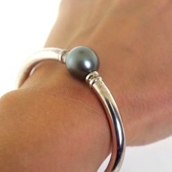 15mm Tahitian Style Pearl Womens Bangle Bracelet 925 Sterling Silver Solid